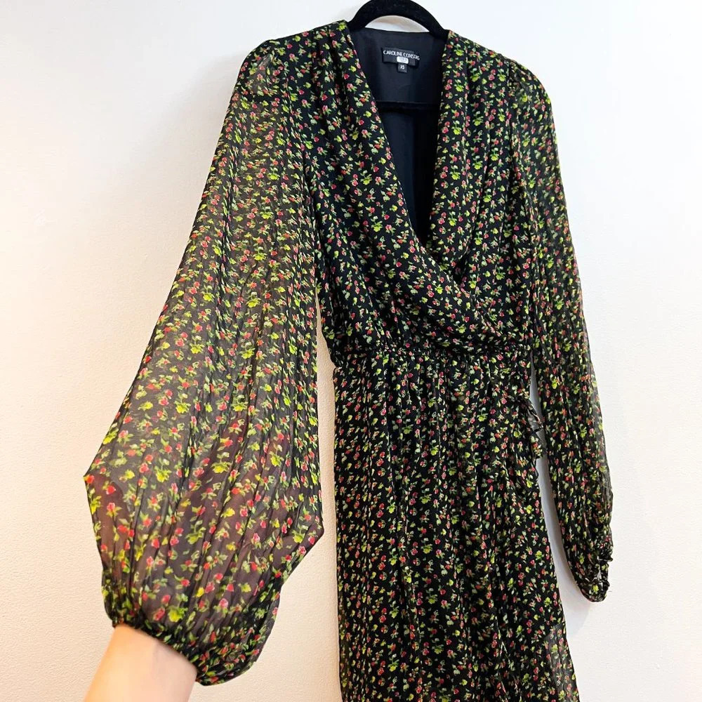 Caroline Constas 100% Silk Vivian Winter Floral V Neck Designer Maxi Dress XS - Picture 5 of 10